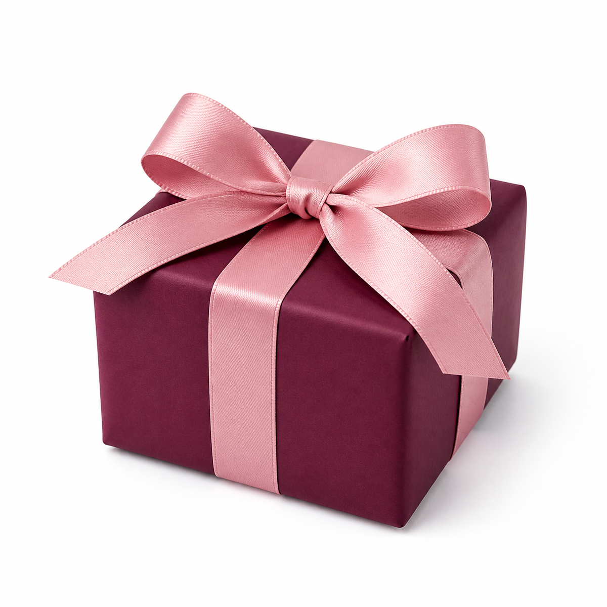 Mystery Gift, a berry plum wrapped gift box with a blush pink satin ribbon